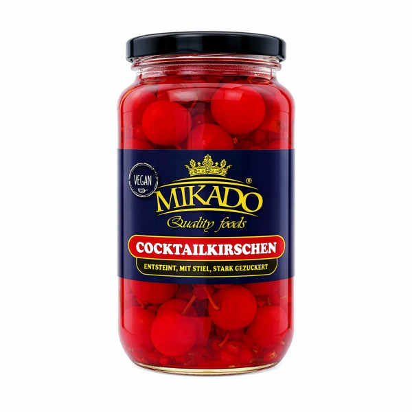 Kirschen, Cocktail-Kirschen, rot, entsteint, mit Stiel, gezuckert